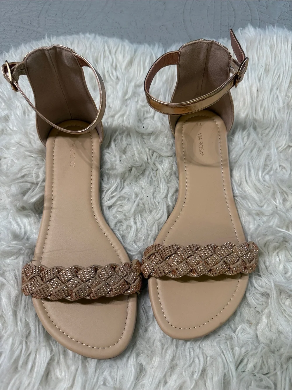 Via Rosa Gigi Rhinestone Braided Ankle-Strap Flat Sandals 9.5